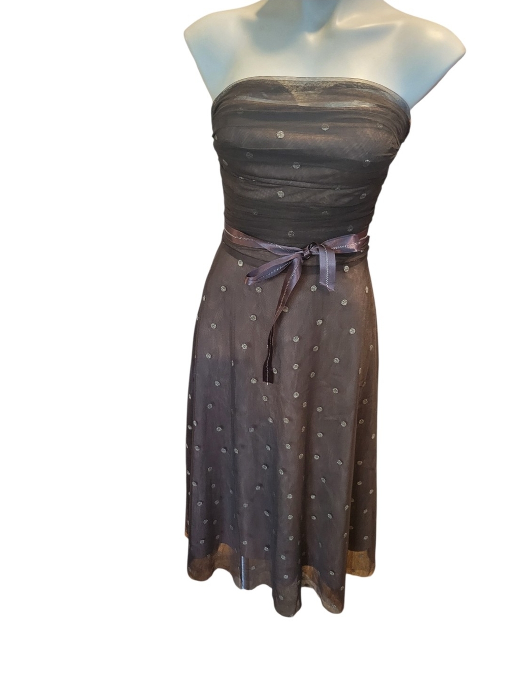 BCBGMaxAzria Strapless Brown Polka Dot Dress with Ribbon Sash
